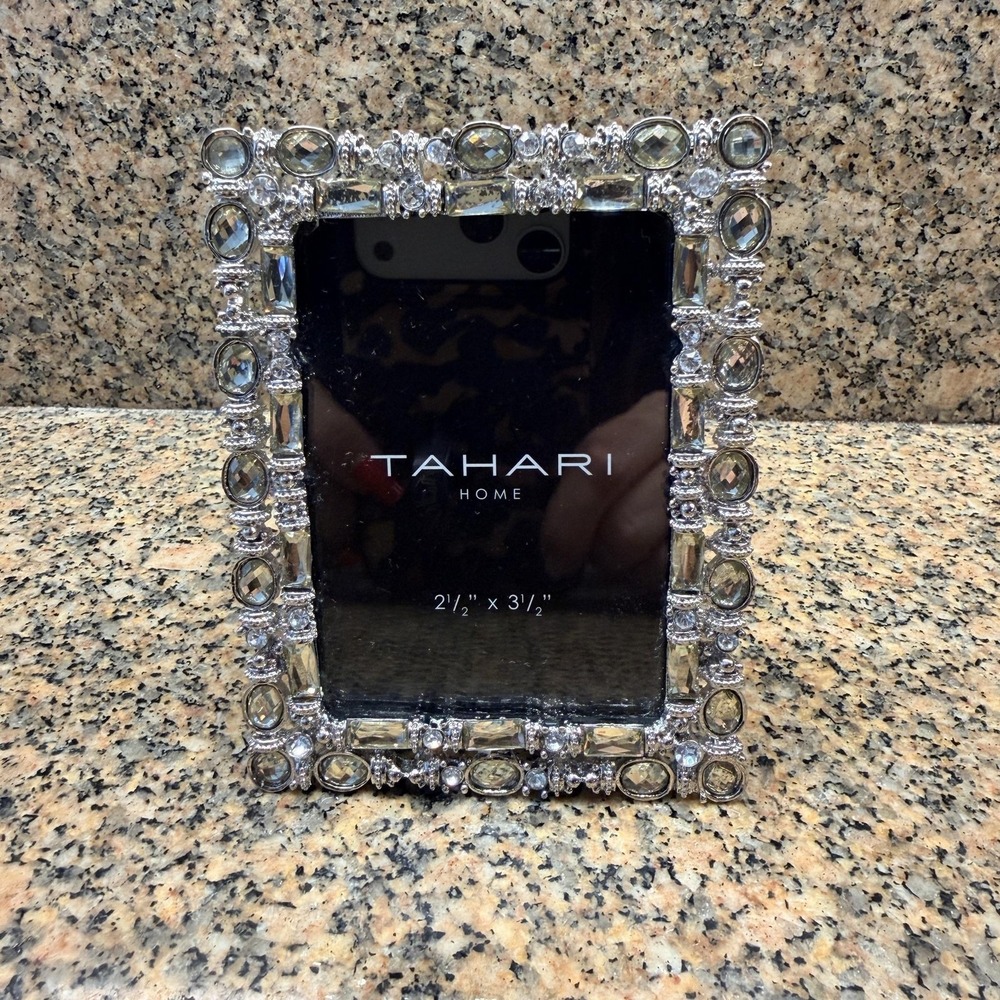 Tahari Home Picture Photo Frame 2.5x3.5 Silver Jeweled Tabletop Glam Decor